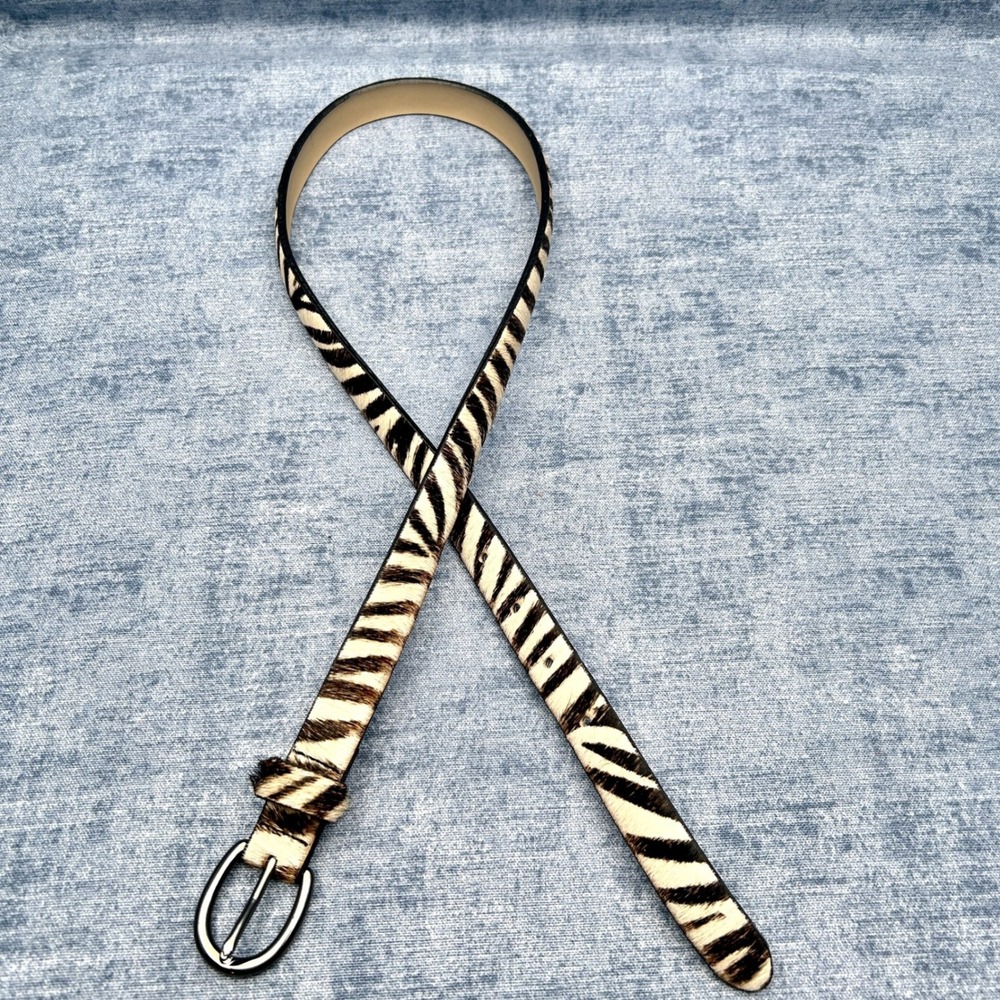 Zebra Print Hair On Genuine Leather Skinny Belt Womens Small Gunmetal Buckle